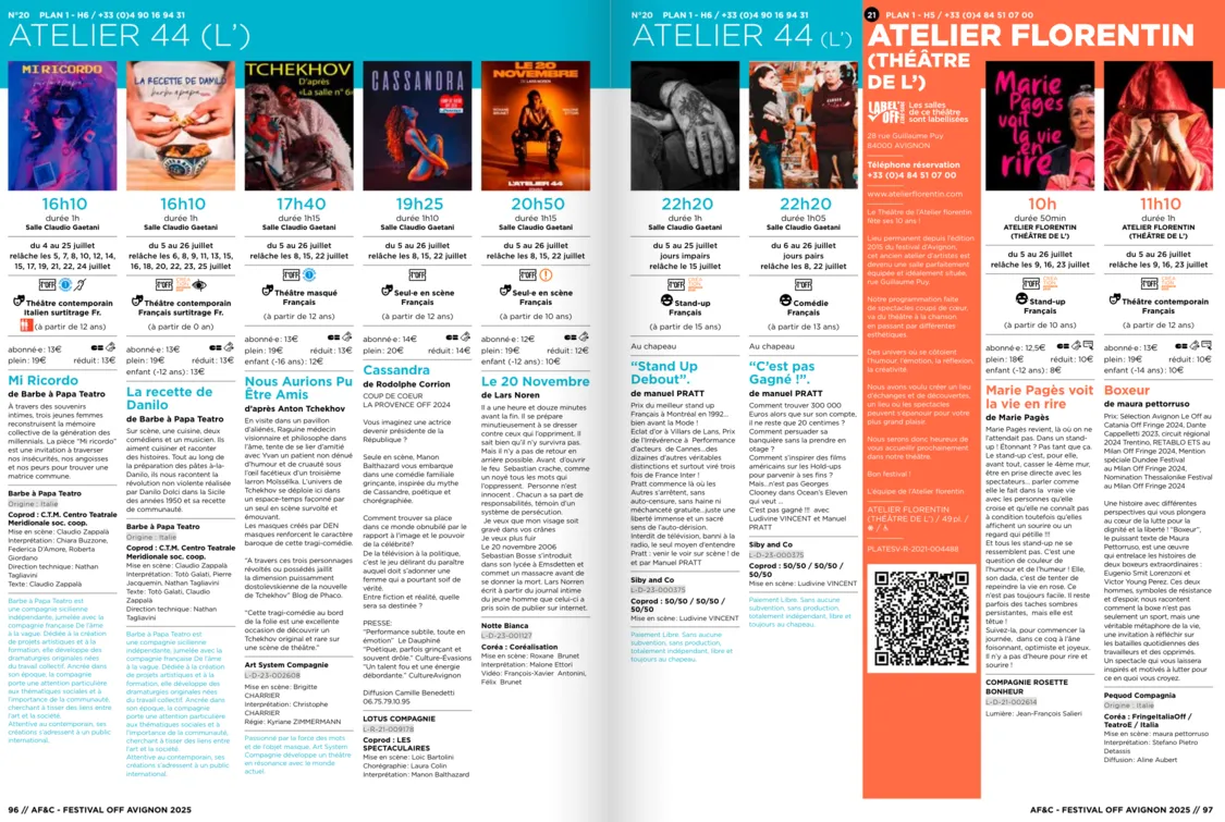 A page from the printed program of Off Avignon 2025