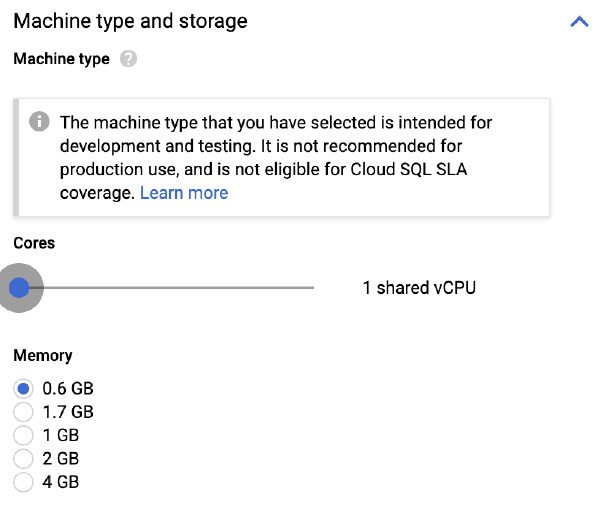 CloudSQL instance configuration form: CPU slider all the way left