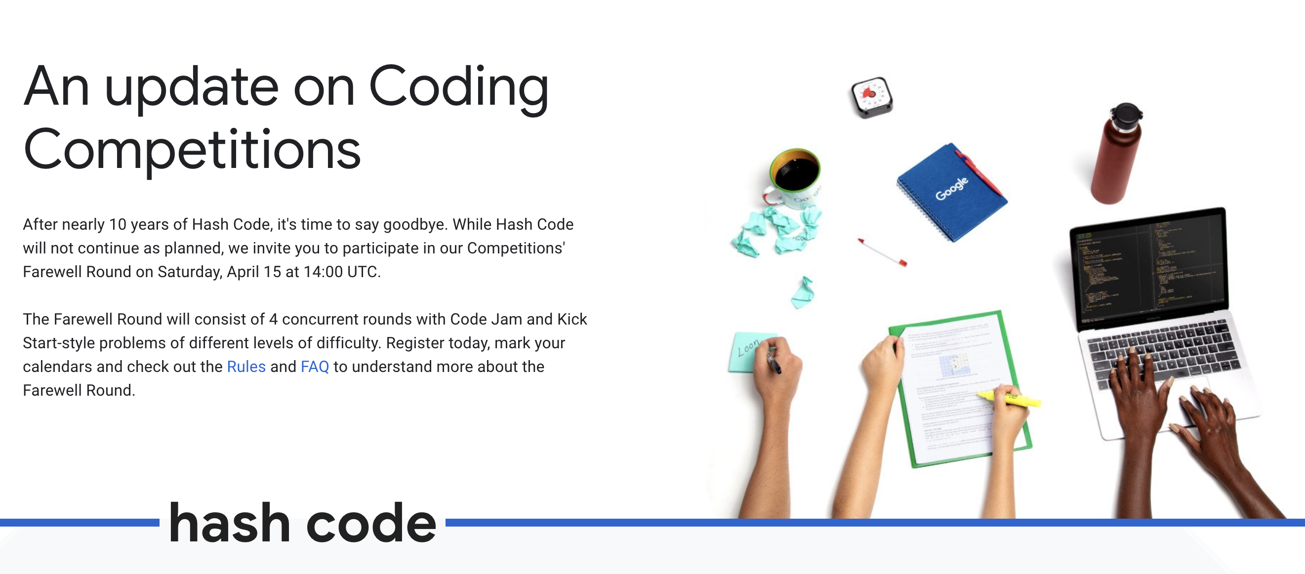 Screenshot of the announcement that Hash Code is being sunset