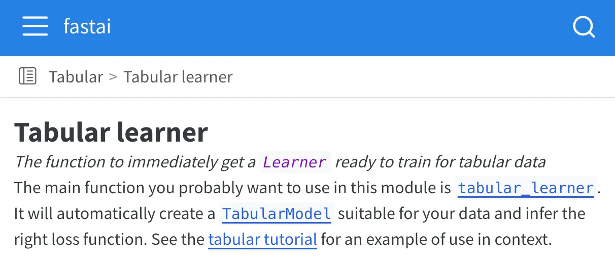 fastai tabular learner documentation