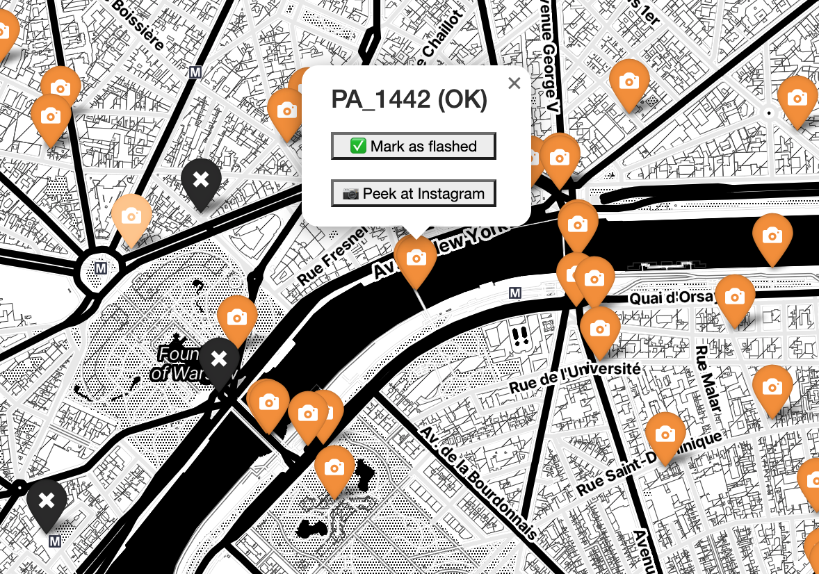 Screenshot of the map of Invader street art mosaics in Paris
