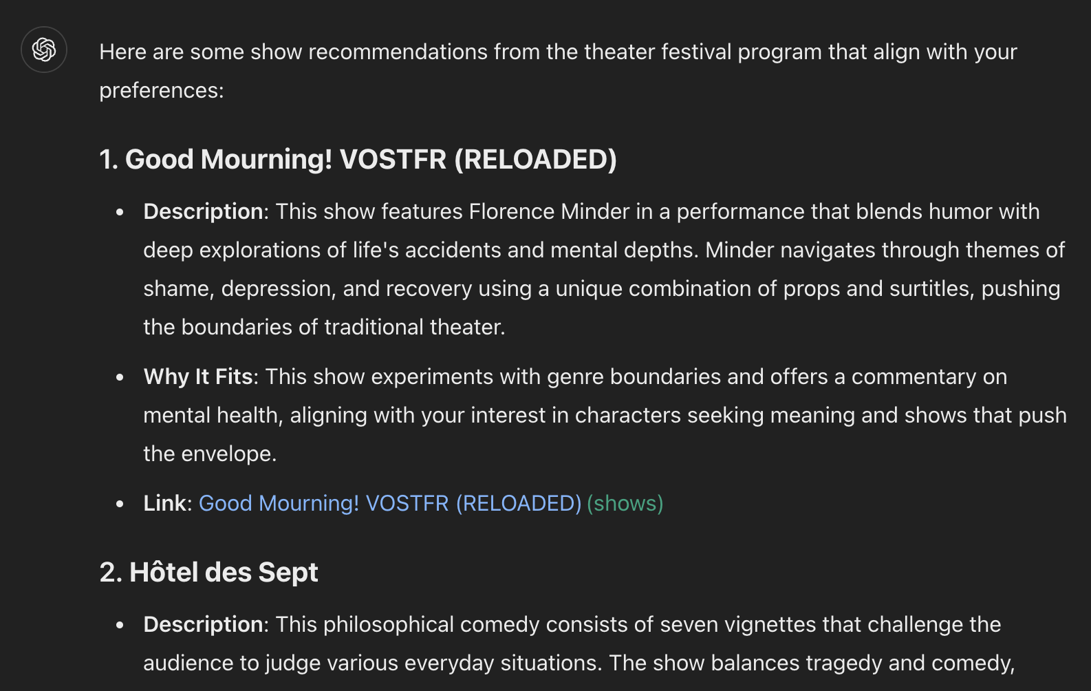 Example of asking ChatGPT to screen the show descriptions for Off Avignon 2024 taking into account show preferences